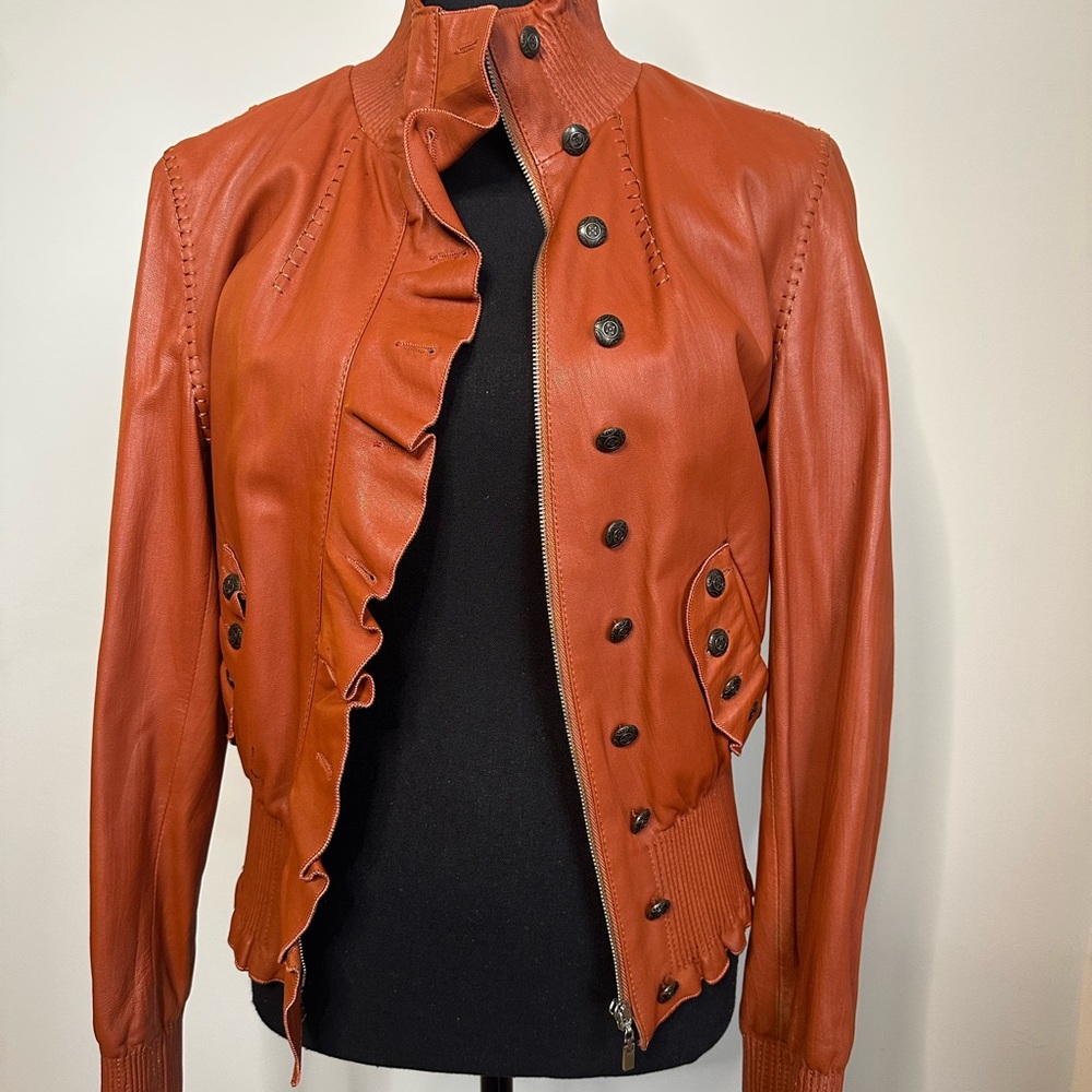Vintage Cognac Leather Ruffle Peplum Jacket |Statement Jacket - Picture 8 of 15